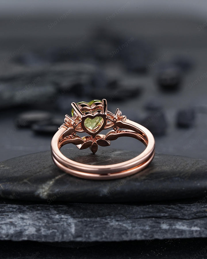 Vintage Heart Shape Natural Peridot Diamond Engagement Ring Set, Unique Rose Gold Floral Cluster Love Promise Ring Anniversary Gift Woman - ShainJewelry