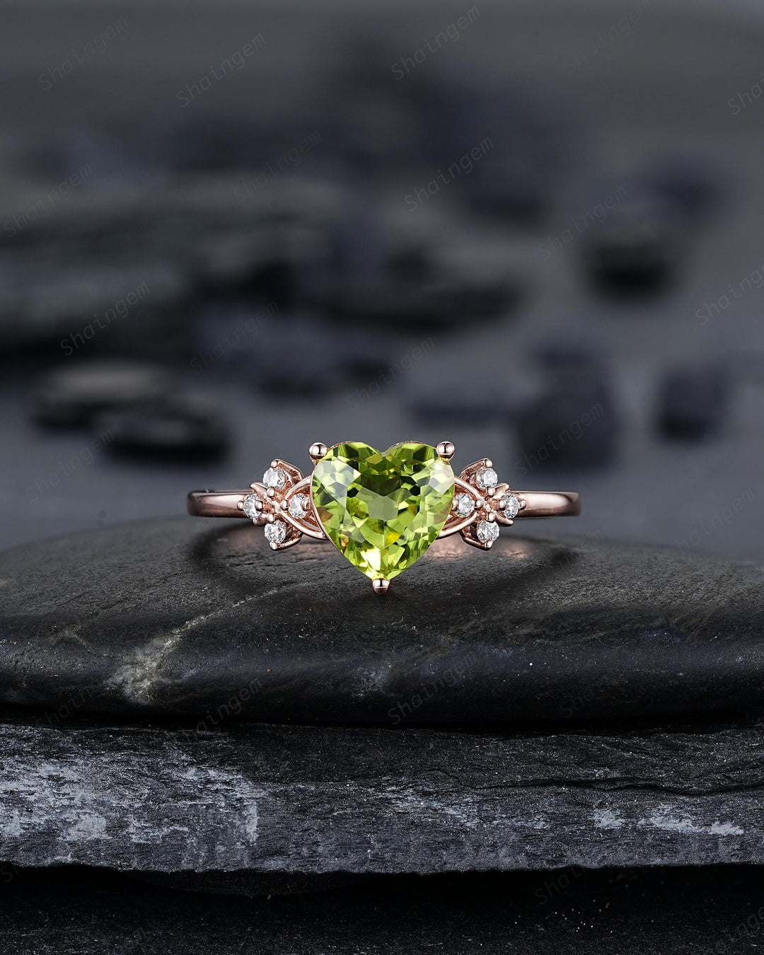Vintage Heart Shape Natural Peridot Diamond Engagement Ring Set, Unique Rose Gold Floral Cluster Love Promise Ring Anniversary Gift Woman - ShainJewelry
