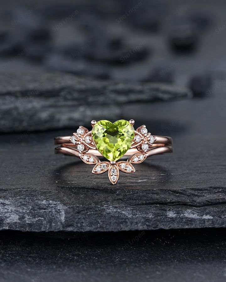 Vintage Heart Shape Natural Peridot Diamond Engagement Ring Set, Unique Rose Gold Floral Cluster Love Promise Ring Anniversary Gift Woman - ShainJewelry
