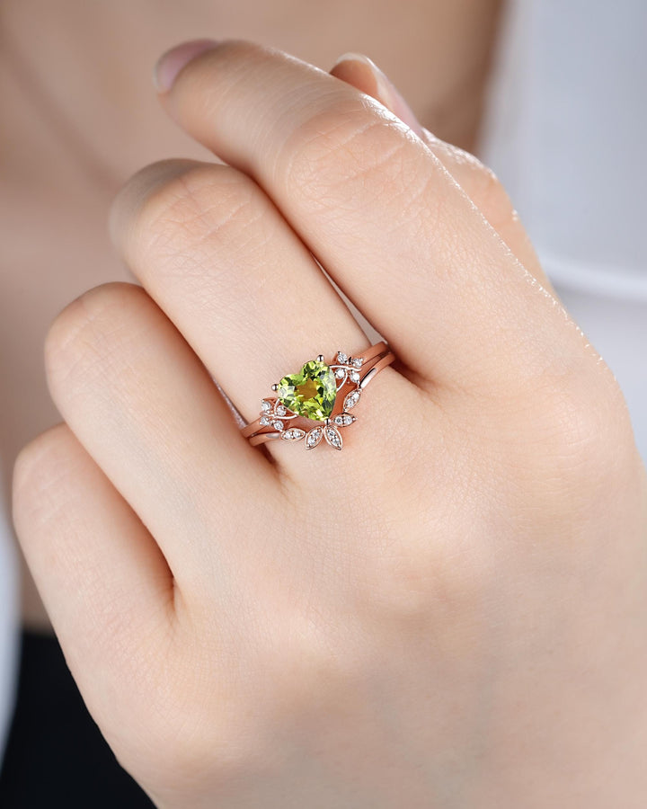 Vintage Heart Shape Natural Peridot Diamond Engagement Ring Set, Unique Rose Gold Floral Cluster Love Promise Ring Anniversary Gift Woman - ShainJewelry