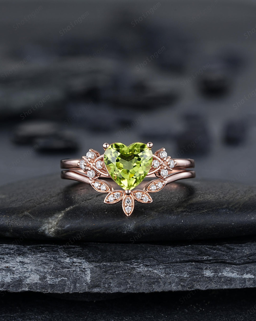 Vintage Heart Shape Natural Peridot Diamond Engagement Ring Set, Unique Rose Gold Floral Cluster Love Promise Ring Anniversary Gift Woman - ShainJewelry