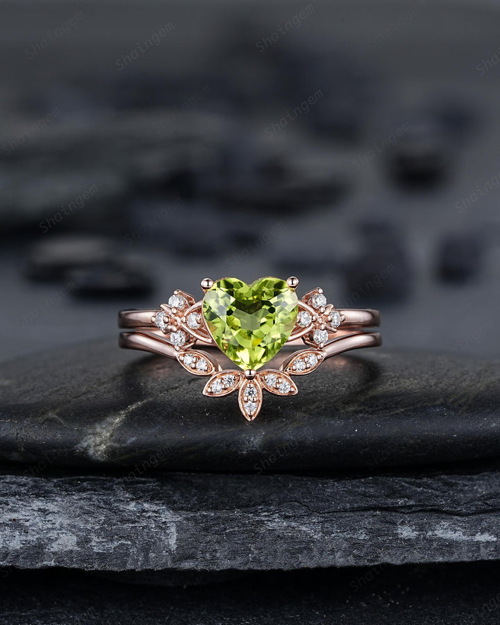Vintage Heart Shape Natural Peridot Diamond Engagement Ring Set, Unique Rose Gold Floral Cluster Love Promise Ring Anniversary Gift Woman - ShainJewelry