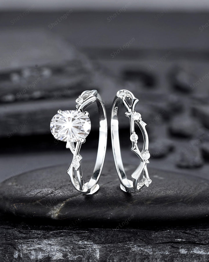 Platinum Oval Shape Fireworks Cut Moissanite Engagement Ring Unique White Gold Twig Branch Vine Wedding Set Nature Inspired Promise Ring - ShainJewelry