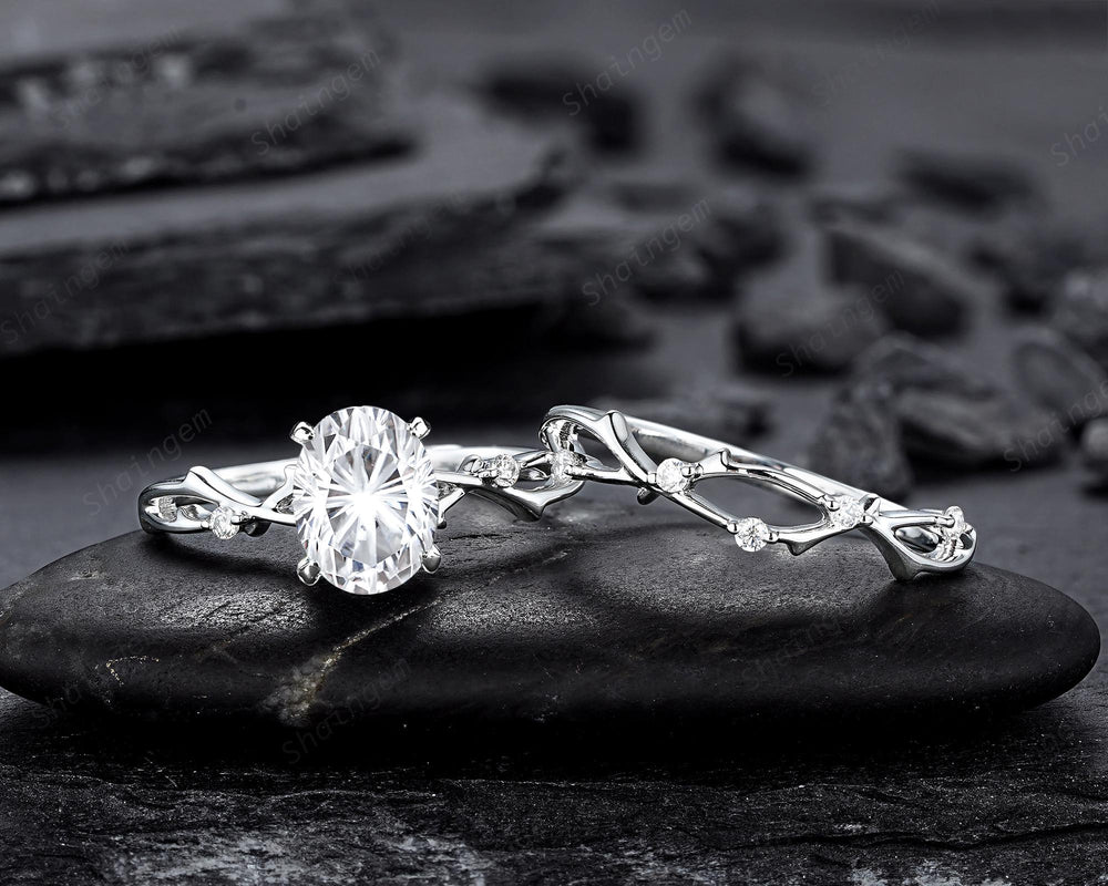 Platinum Oval Shape Fireworks Cut Moissanite Engagement Ring Unique White Gold Twig Branch Vine Wedding Set Nature Inspired Promise Ring - ShainJewelry