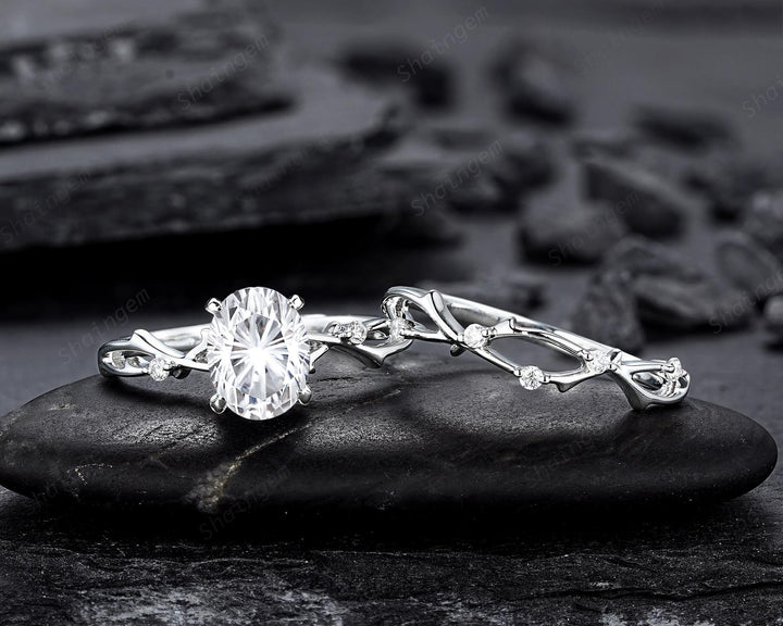 Platinum Oval Shape Fireworks Cut Moissanite Engagement Ring Unique White Gold Twig Branch Vine Wedding Set Nature Inspired Promise Ring - ShainJewelry