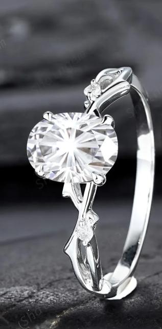 Platinum Oval Shape Fireworks Cut Moissanite Engagement Ring Unique White Gold Twig Branch Vine Wedding Set Nature Inspired Promise Ring - ShainJewelry