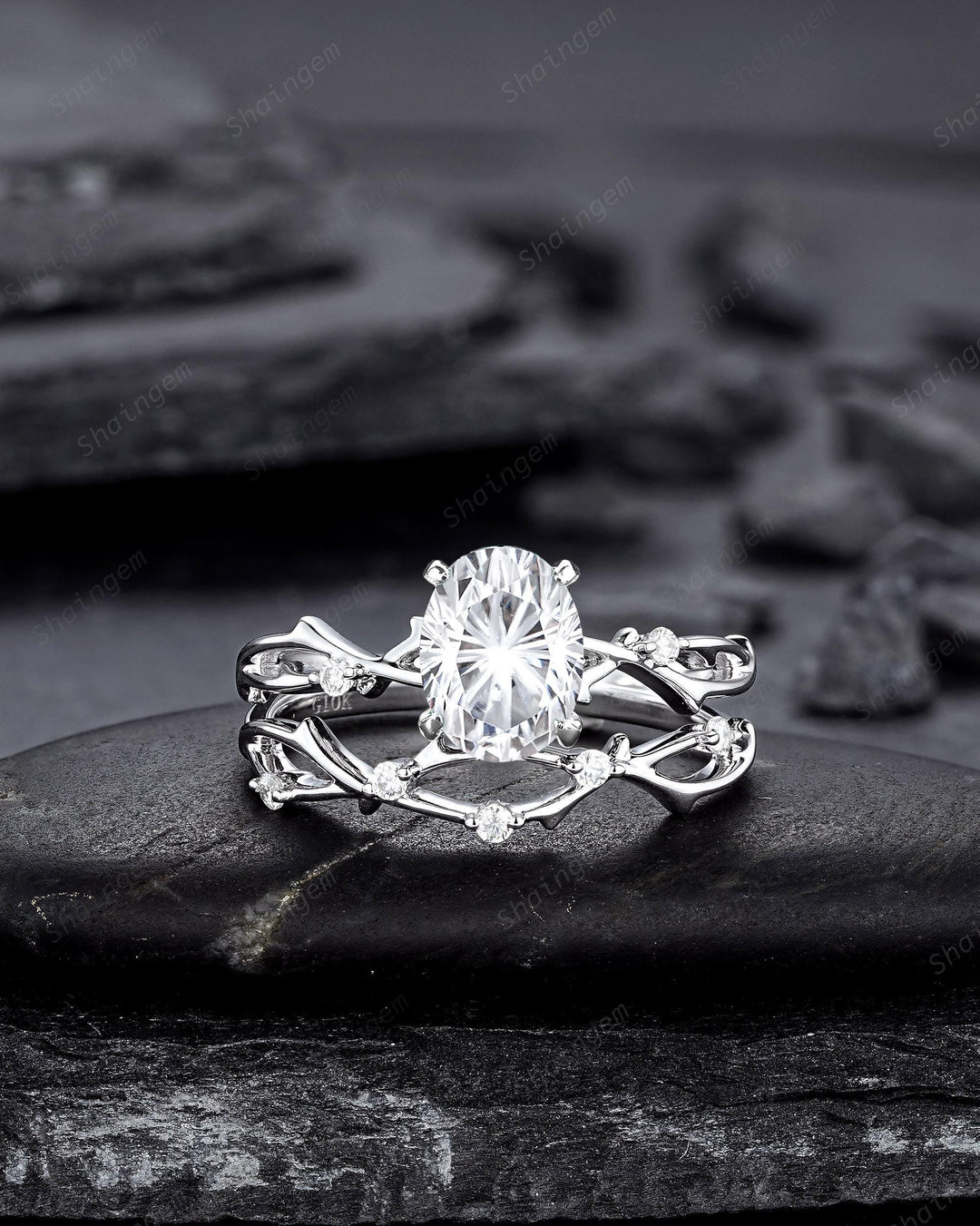 Platinum Oval Shape Fireworks Cut Moissanite Engagement Ring Unique White Gold Twig Branch Vine Wedding Set Nature Inspired Promise Ring - ShainJewelry