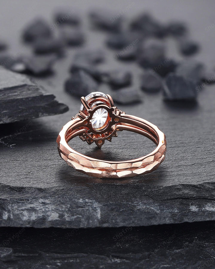 Unique Hammered Oval Shape Fireworks Cut Moissanite Engagement Ring Set, Hand Forged 14K 18K Rose Gold Diamond Bridal Set Promise Ring Gift - ShainJewelry