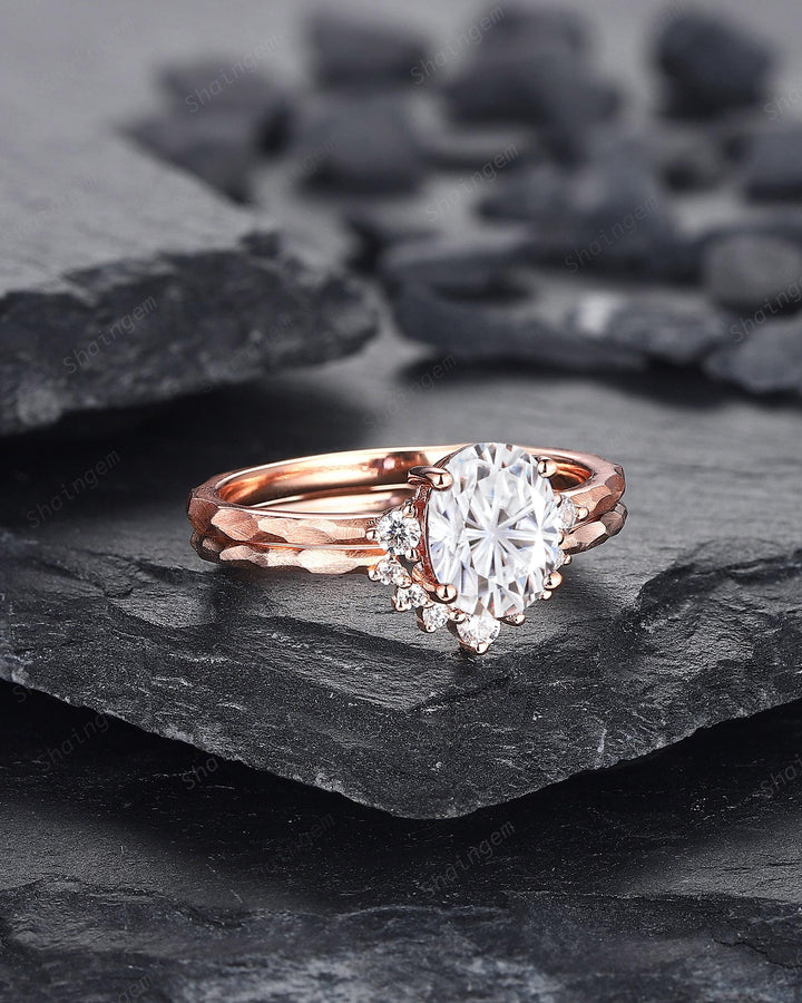 Unique Hammered Oval Shape Fireworks Cut Moissanite Engagement Ring Set, Hand Forged 14K 18K Rose Gold Diamond Bridal Set Promise Ring Gift - ShainJewelry