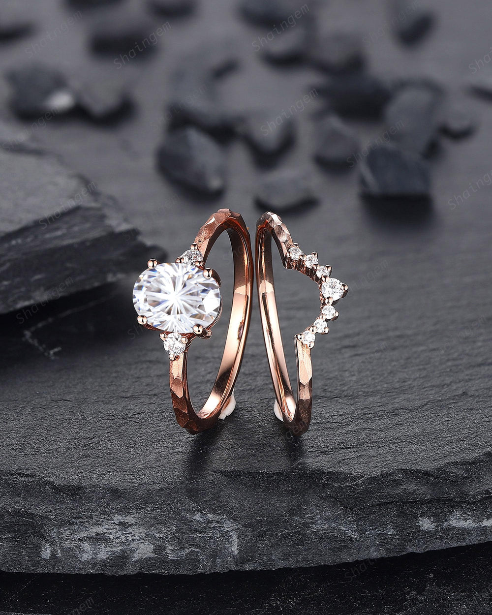 Unique Hammered Oval Shape Fireworks Cut Moissanite Engagement Ring Set, Hand Forged 14K 18K Rose Gold Diamond Bridal Set Promise Ring Gift - ShainJewelry