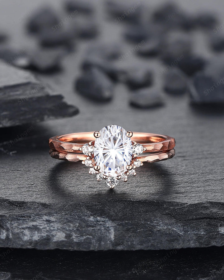 Unique Hammered Oval Shape Fireworks Cut Moissanite Engagement Ring Set, Hand Forged 14K 18K Rose Gold Diamond Bridal Set Promise Ring Gift - ShainJewelry