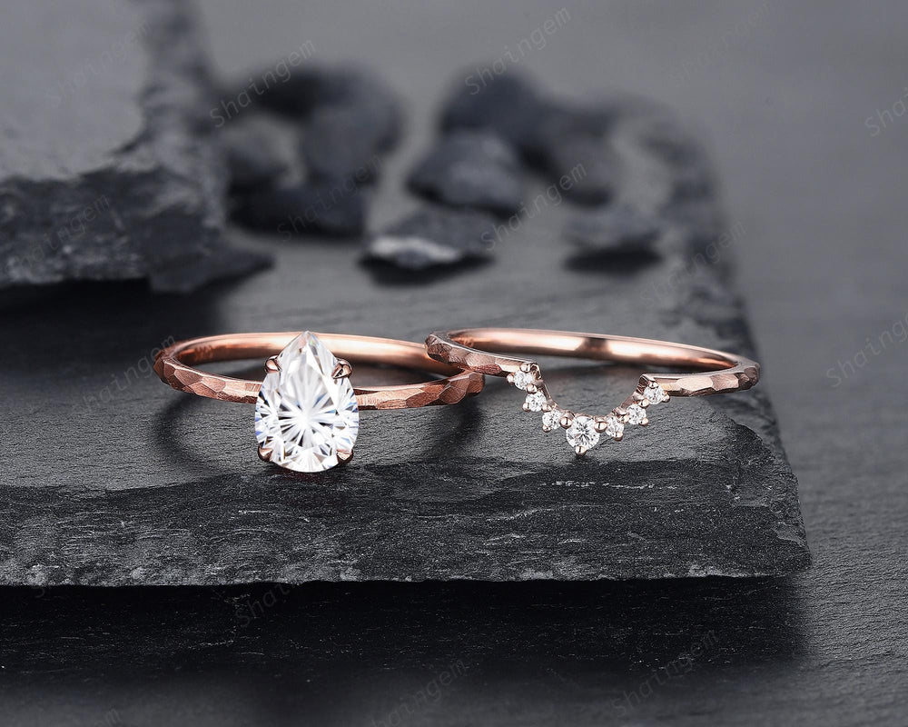 Unique Hammered Pear Shape Fireworks Cut Moissanite Engagement Ring Set, Hand Forged 14K 18K Rose Gold Diamond Bridal Set Promise Ring Gift - ShainJewelry