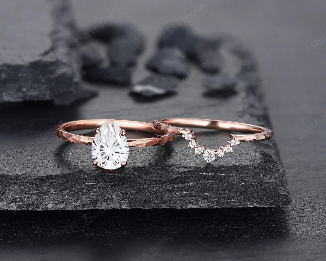 Unique Hammered Pear Shape Fireworks Cut Moissanite Engagement Ring Set, Hand Forged 14K 18K Rose Gold Diamond Bridal Set Promise Ring Gift - ShainJewelry