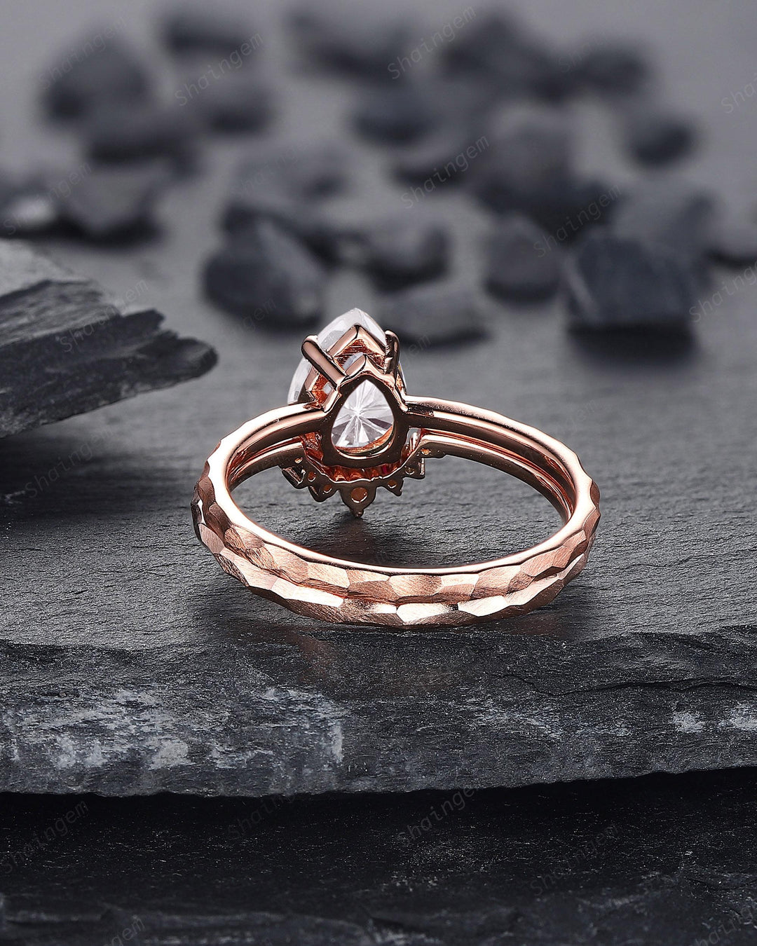 Unique Hammered Pear Shape Fireworks Cut Moissanite Engagement Ring Set, Hand Forged 14K 18K Rose Gold Diamond Bridal Set Promise Ring Gift - ShainJewelry