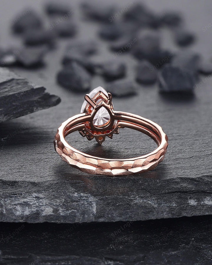 Unique Hammered Pear Shape Fireworks Cut Moissanite Engagement Ring Set, Hand Forged 14K 18K Rose Gold Diamond Bridal Set Promise Ring Gift - ShainJewelry