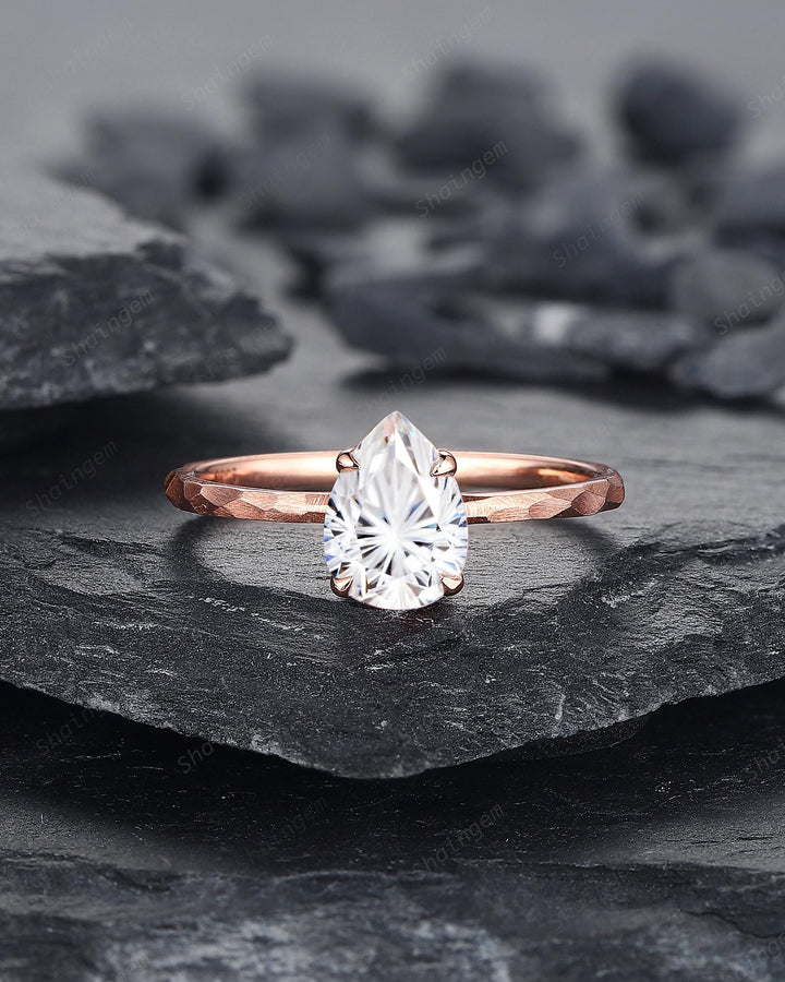 Unique Hammered Pear Shape Fireworks Cut Moissanite Engagement Ring Set, Hand Forged 14K 18K Rose Gold Diamond Bridal Set Promise Ring Gift - ShainJewelry