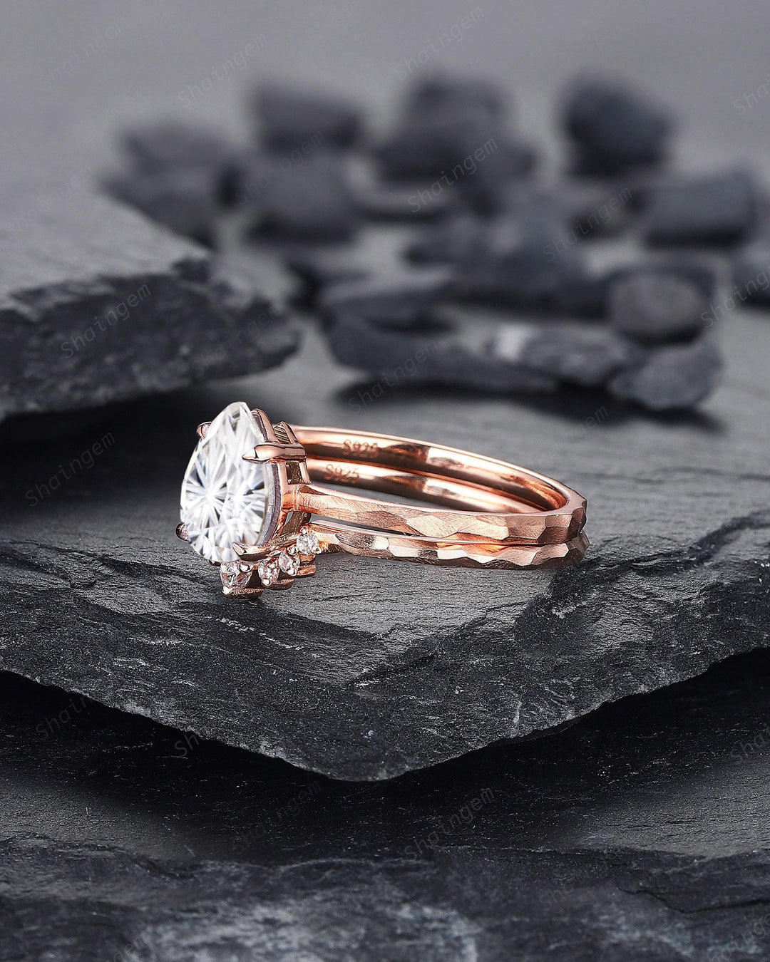 Unique Hammered Pear Shape Fireworks Cut Moissanite Engagement Ring Set, Hand Forged 14K 18K Rose Gold Diamond Bridal Set Promise Ring Gift - ShainJewelry