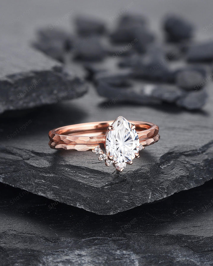 Unique Hammered Pear Shape Fireworks Cut Moissanite Engagement Ring Set, Hand Forged 14K 18K Rose Gold Diamond Bridal Set Promise Ring Gift - ShainJewelry