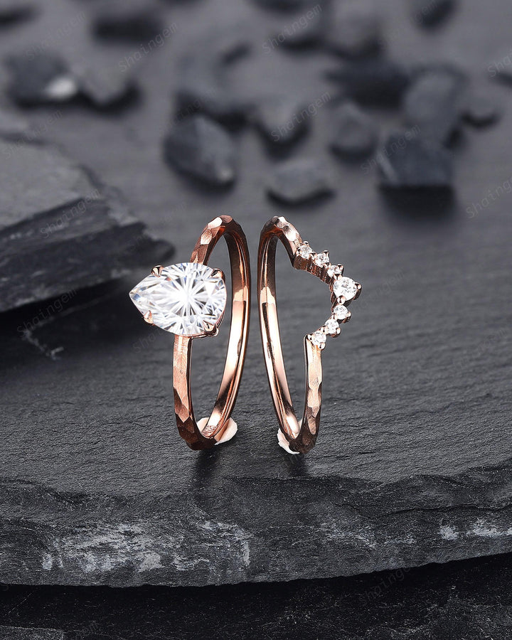 Unique Hammered Pear Shape Fireworks Cut Moissanite Engagement Ring Set, Hand Forged 14K 18K Rose Gold Diamond Bridal Set Promise Ring Gift - ShainJewelry