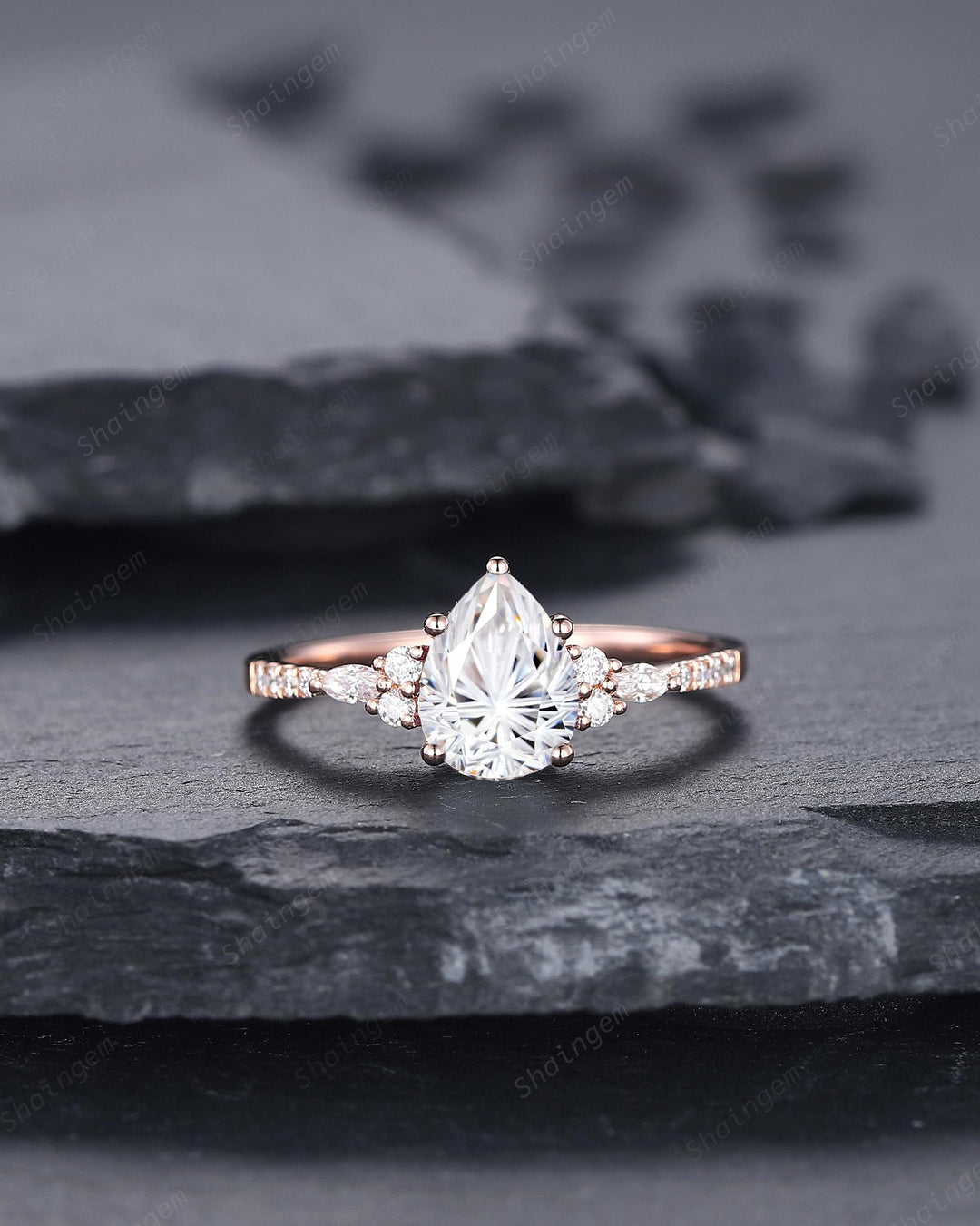 Vintage Pear Shape Fireworks Cut Colorless Moissanite Engagement Ring, Unique Rose Gold Cluster Wedding Set Promise Ring Gift for Woman - ShainJewelry
