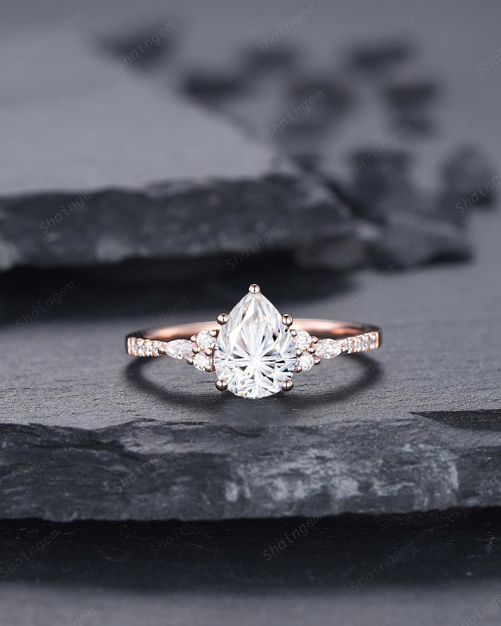 Vintage Pear Shape Fireworks Cut Colorless Moissanite Engagement Ring, Unique Rose Gold Cluster Wedding Set Promise Ring Gift for Woman - ShainJewelry