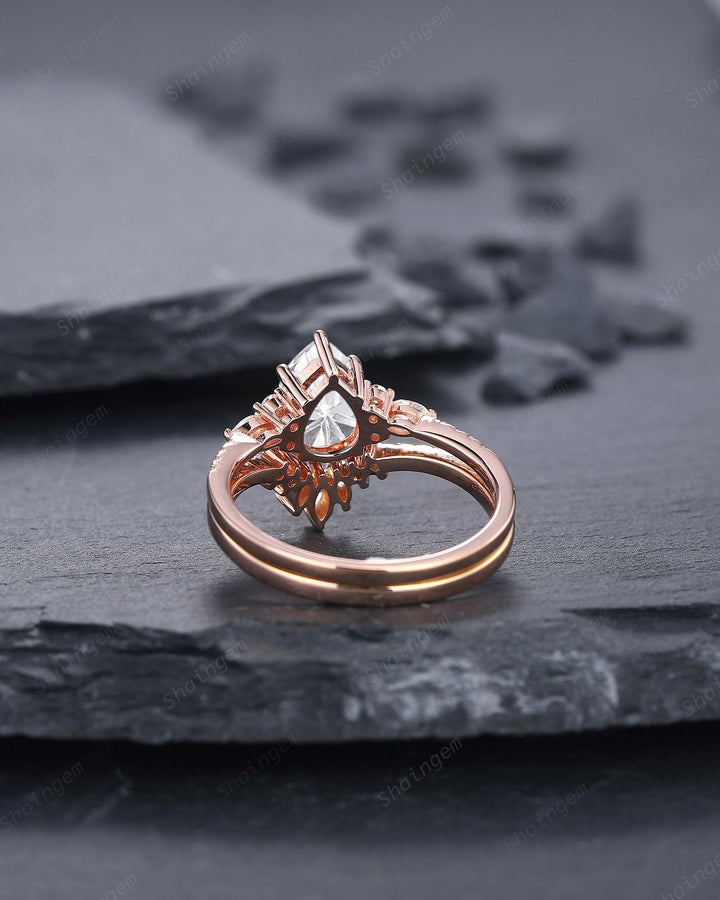 Vintage Pear Shape Fireworks Cut Colorless Moissanite Engagement Ring, Unique Rose Gold Cluster Wedding Set Promise Ring Gift for Woman - ShainJewelry