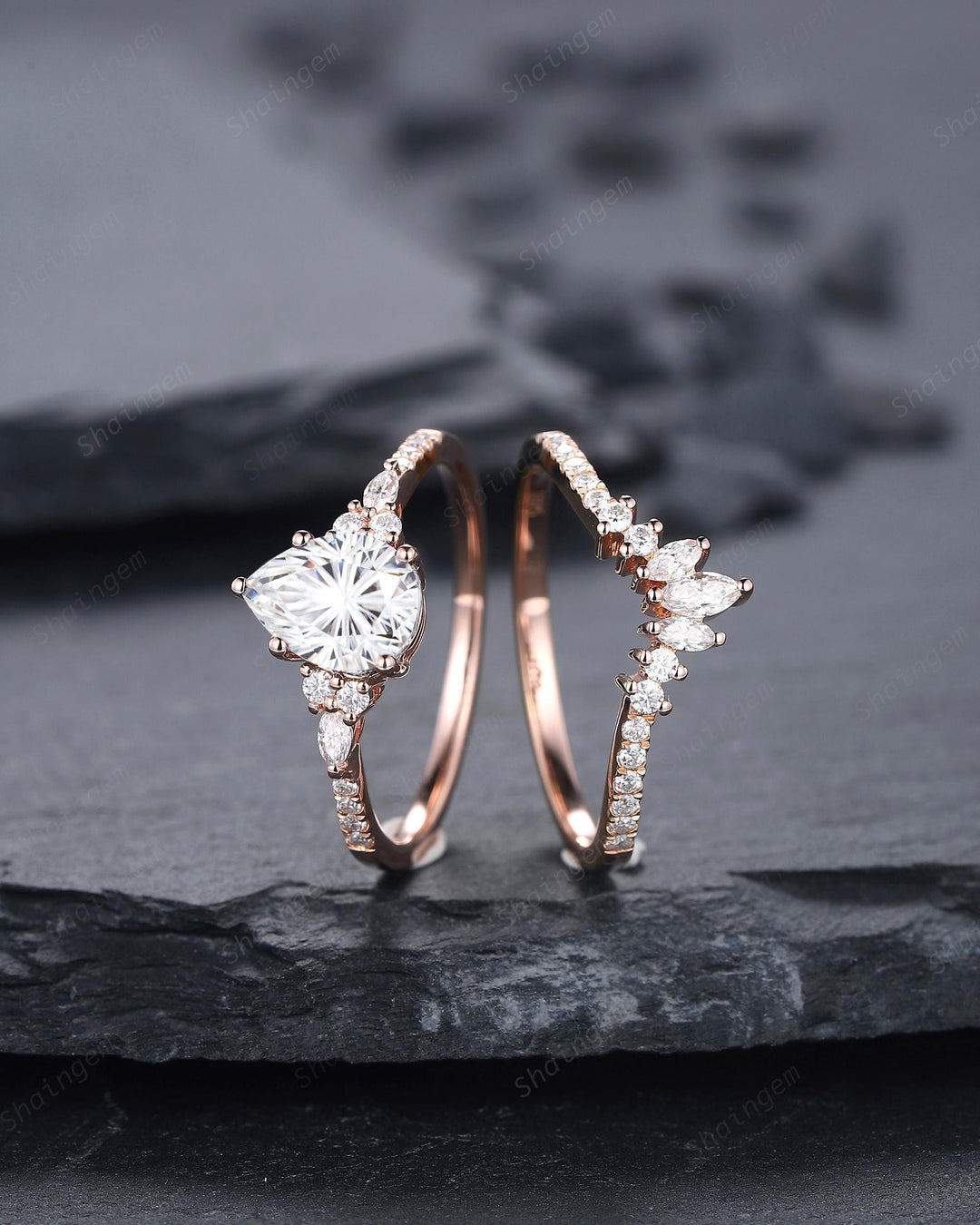 Vintage Pear Shape Fireworks Cut Colorless Moissanite Engagement Ring, Unique Rose Gold Cluster Wedding Set Promise Ring Gift for Woman - ShainJewelry