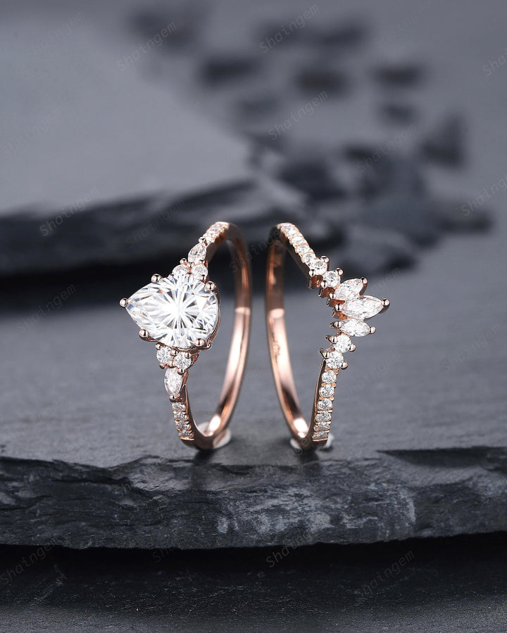 Vintage Pear Shape Fireworks Cut Colorless Moissanite Engagement Ring, Unique Rose Gold Cluster Wedding Set Promise Ring Gift for Woman - ShainJewelry