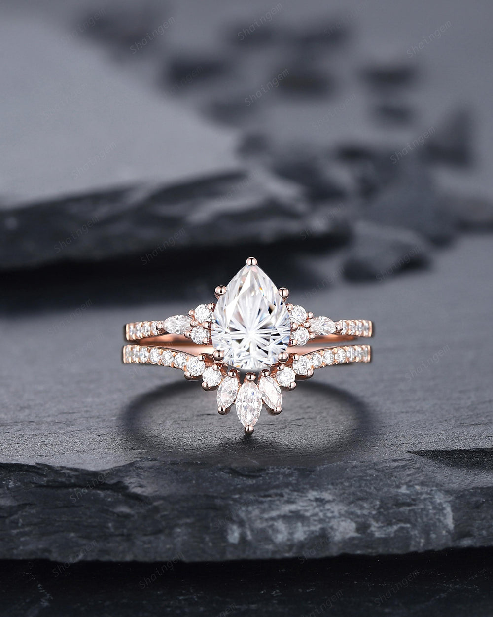 Vintage Pear Shape Fireworks Cut Colorless Moissanite Engagement Ring, Unique Rose Gold Cluster Wedding Set Promise Ring Gift for Woman - ShainJewelry