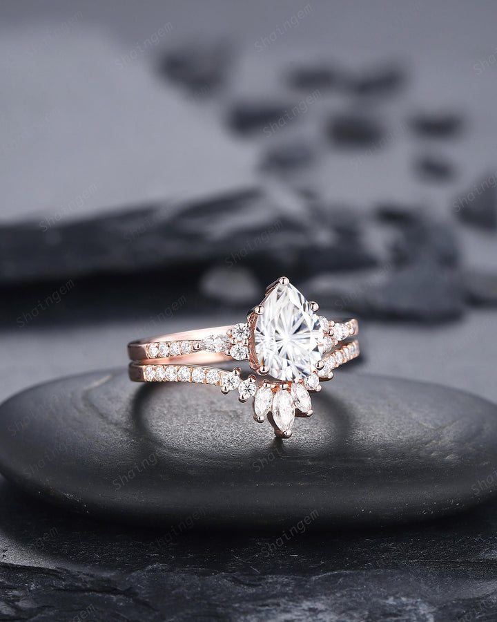 Vintage Pear Shape Fireworks Cut Colorless Moissanite Engagement Ring, Unique Rose Gold Cluster Wedding Set Promise Ring Gift for Woman - ShainJewelry