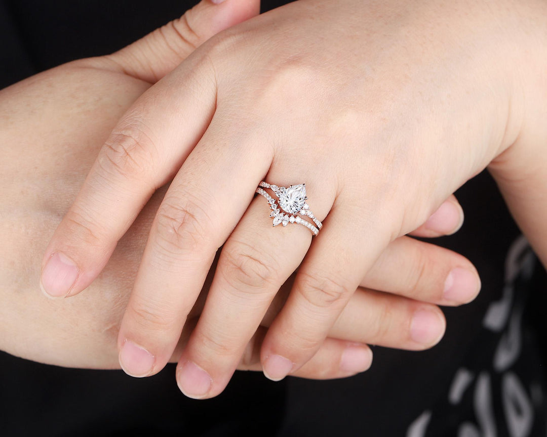 Vintage Pear Shape Fireworks Cut Colorless Moissanite Engagement Ring, Unique Rose Gold Cluster Wedding Set Promise Ring Gift for Woman - ShainJewelry