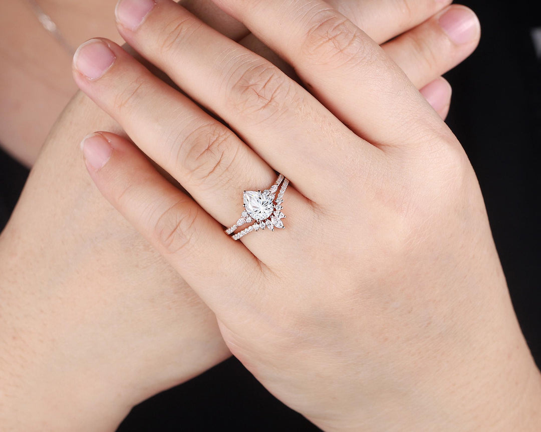 Vintage Pear Shape Fireworks Cut Colorless Moissanite Engagement Ring, Unique Rose Gold Cluster Wedding Set Promise Ring Gift for Woman - ShainJewelry