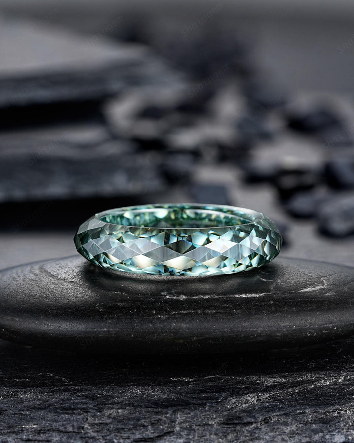 Green Moissanite Men's Wedding Band, Full Eternity Diamond Cut Engagement Band, Promise Band Briolette cut Couple Ring for Man and Woman - ShainJewelry