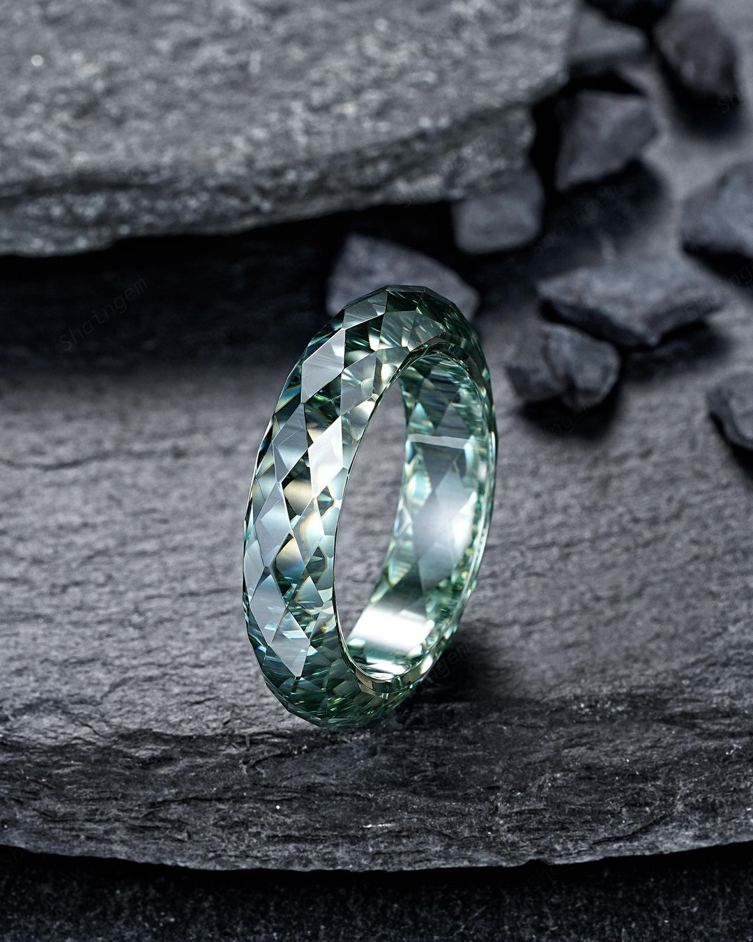 Green Moissanite Men's Wedding Band, Full Eternity Diamond Cut Engagement Band, Promise Band Briolette cut Couple Ring for Man and Woman - ShainJewelry