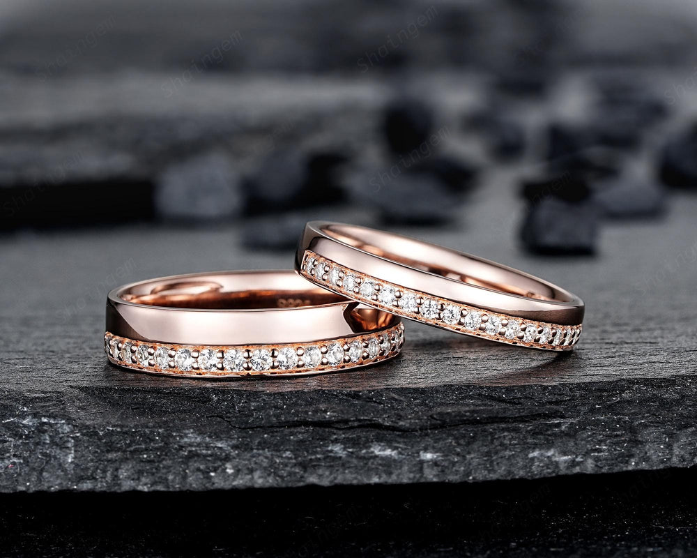 Half Eternity His and Hers Diamond Couple Ring Set, Rose Gold Moissanite Wedding Band, Platinum Engagement Band Promise Ring Channel Setting - ShainJewelry