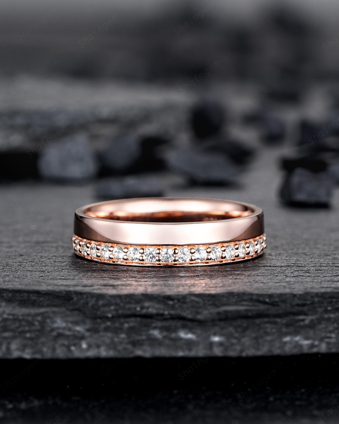 Half Eternity His and Hers Diamond Couple Ring Set, Rose Gold Moissanite Wedding Band, Platinum Engagement Band Promise Ring Channel Setting - ShainJewelry