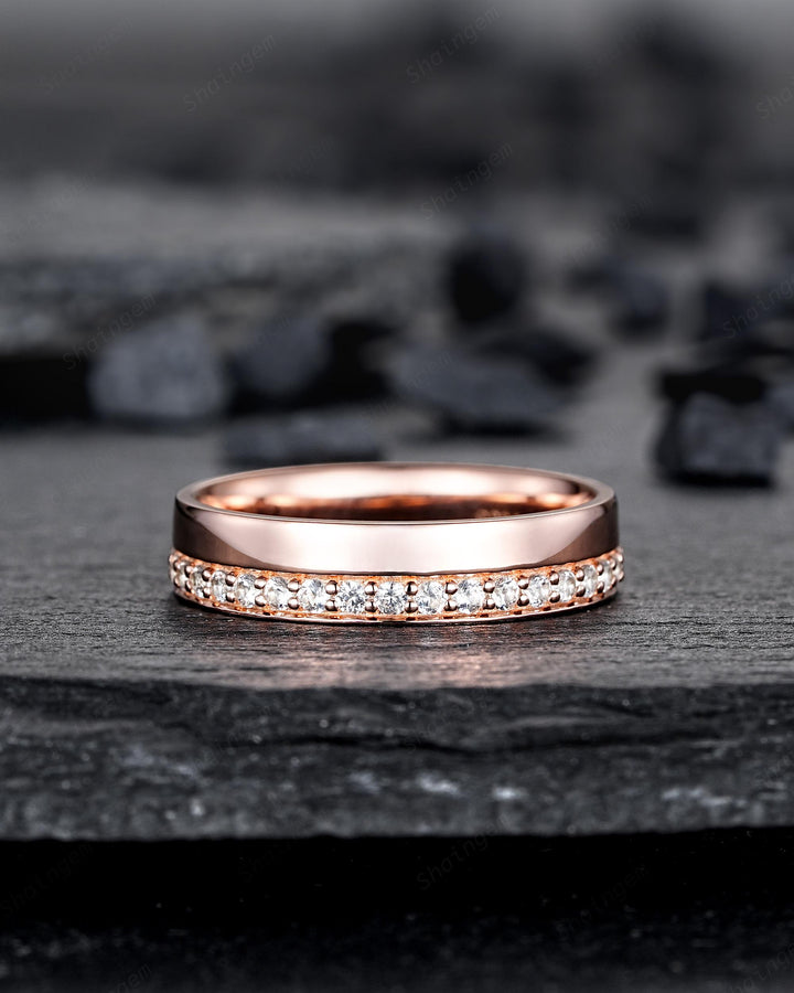 Half Eternity His and Hers Diamond Couple Ring Set, Rose Gold Moissanite Wedding Band, Platinum Engagement Band Promise Ring Channel Setting - ShainJewelry