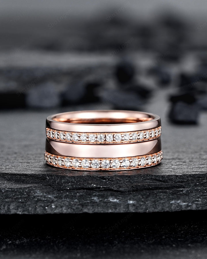 Half Eternity His and Hers Diamond Couple Ring Set, Rose Gold Moissanite Wedding Band, Platinum Engagement Band Promise Ring Channel Setting - ShainJewelry