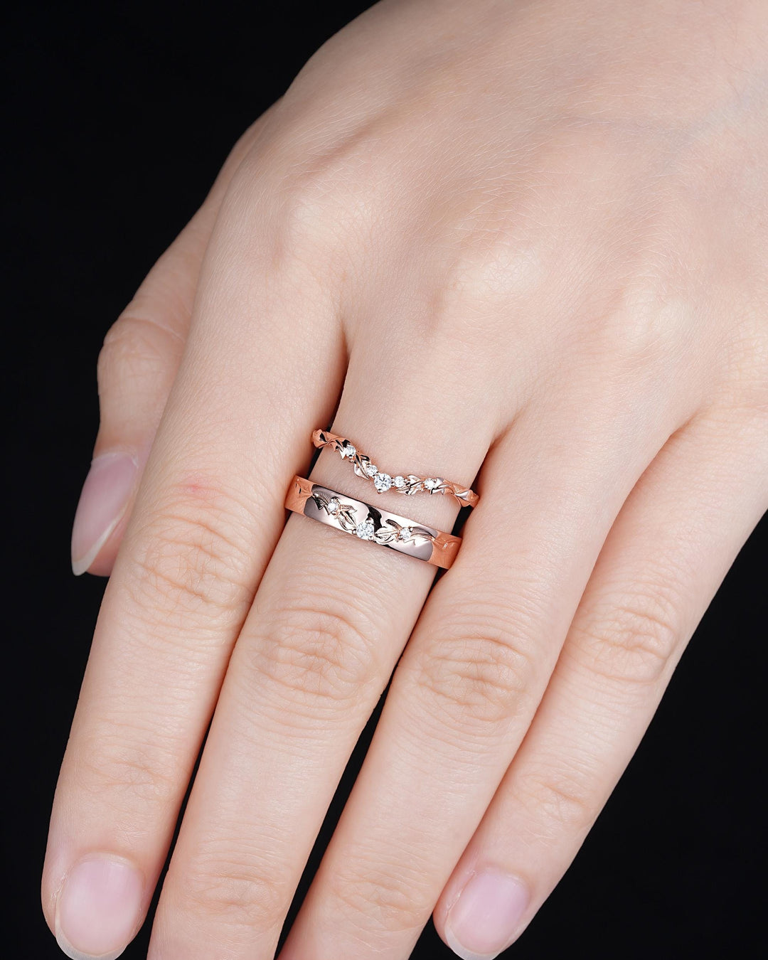Engraved Leaf His and Hers Diamond Couple Ring Set: Rose Gold Moissanite Wedding Band, Engagement Promise Men's Women's Matching Band - ShainJewelry