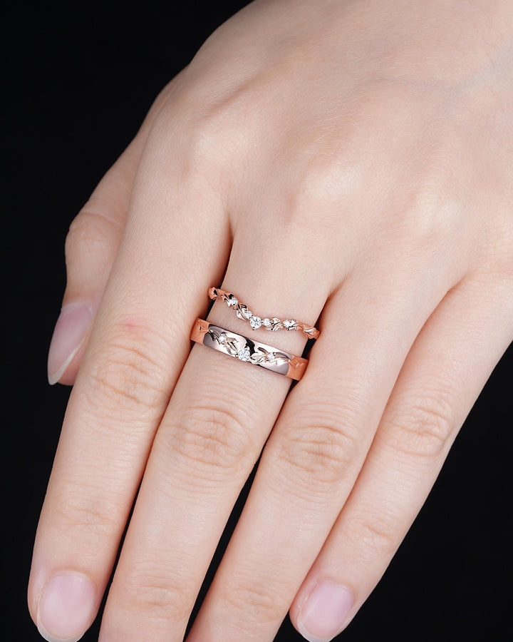 Engraved Leaf His and Hers Diamond Couple Ring Set: Rose Gold Moissanite Wedding Band, Engagement Promise Men's Women's Matching Band - ShainJewelry