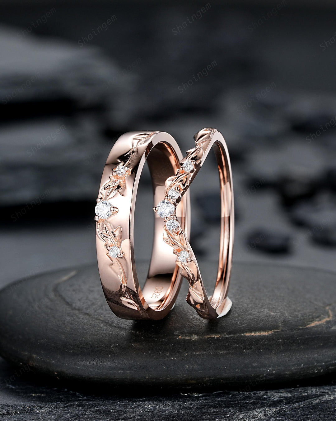 Engraved Leaf His and Hers Diamond Couple Ring Set: Rose Gold Moissanite Wedding Band, Engagement Promise Men's Women's Matching Band - ShainJewelry