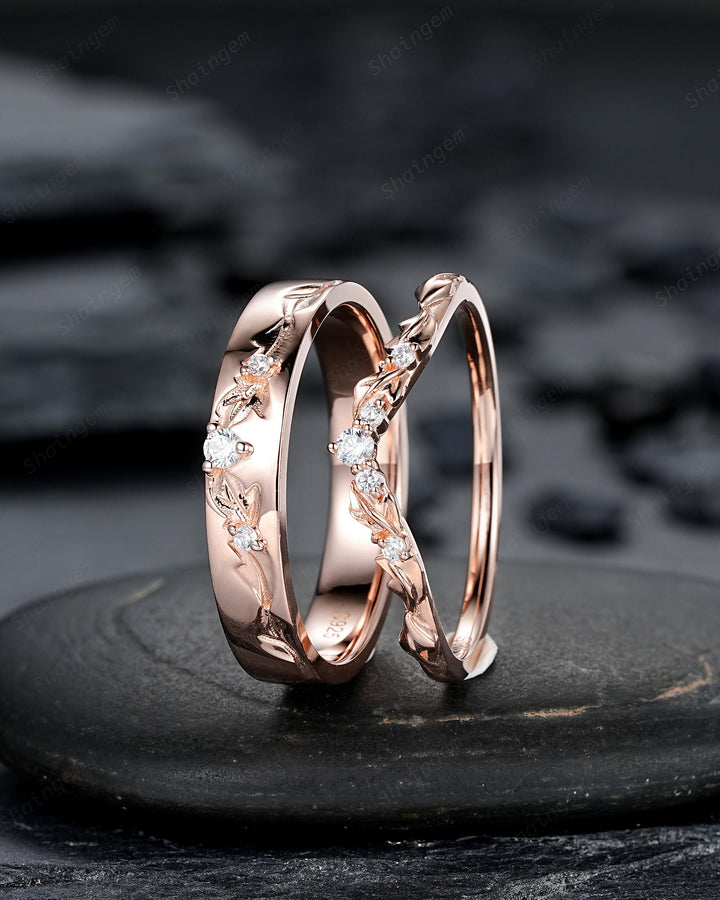 Engraved Leaf His and Hers Diamond Couple Ring Set: Rose Gold Moissanite Wedding Band, Engagement Promise Men's Women's Matching Band - ShainJewelry