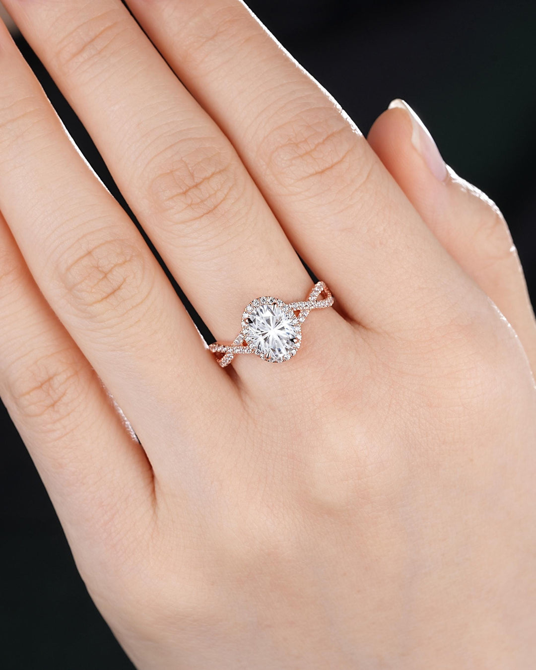 Twist Shank Oval Shape Fireworks Cut Moissanite Halo Engagement Ring Rose Gold Crossover Half Eternity Promise Ring Platinum Diamond Ring - ShainJewelry