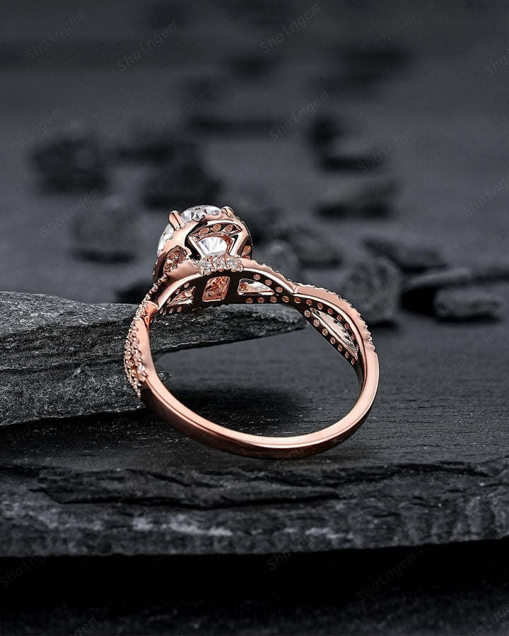 Twist Shank Oval Shape Fireworks Cut Moissanite Halo Engagement Ring Rose Gold Crossover Half Eternity Promise Ring Platinum Diamond Ring - ShainJewelry