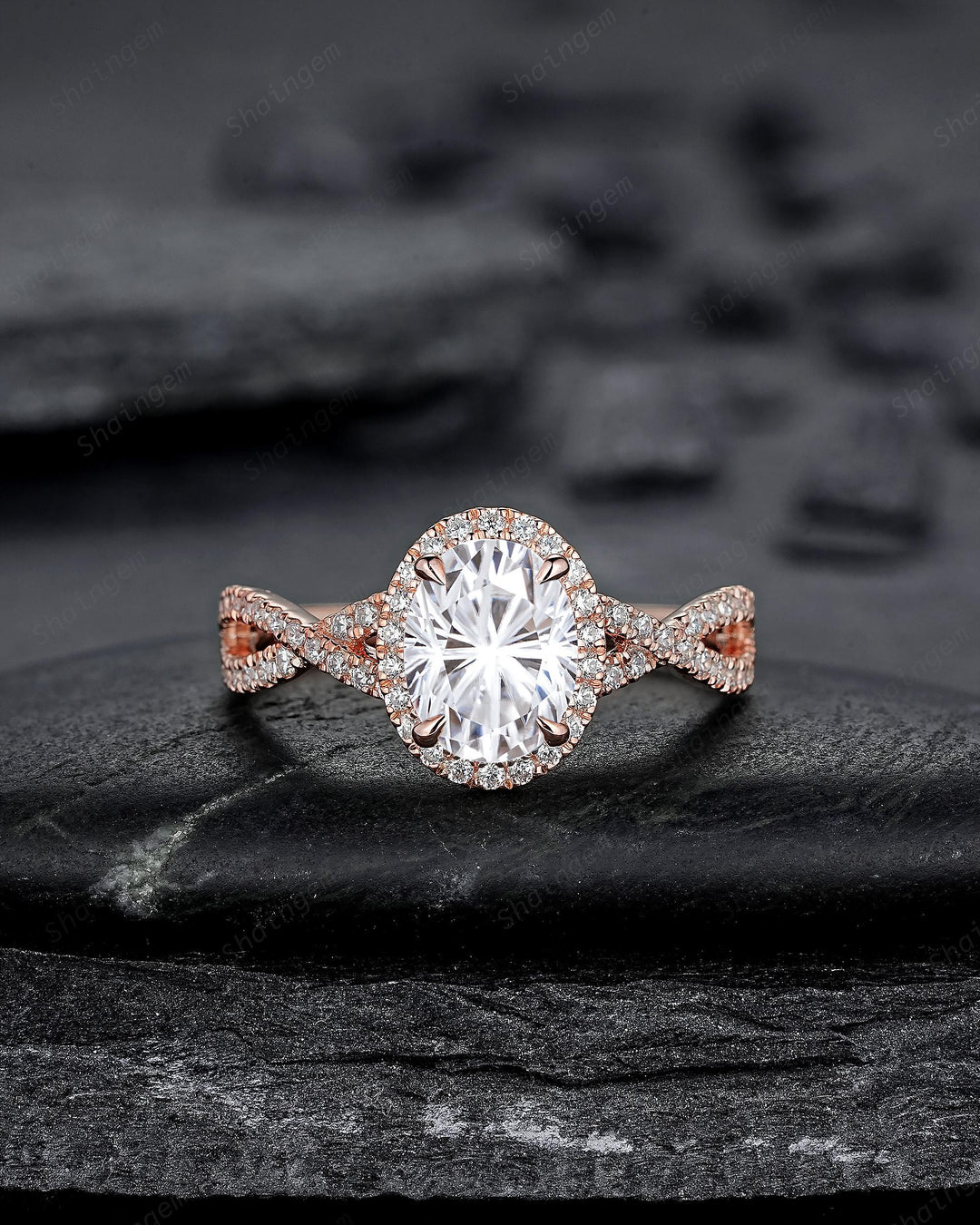 Twist Shank Oval Shape Fireworks Cut Moissanite Halo Engagement Ring Rose Gold Crossover Half Eternity Promise Ring Platinum Diamond Ring - ShainJewelry