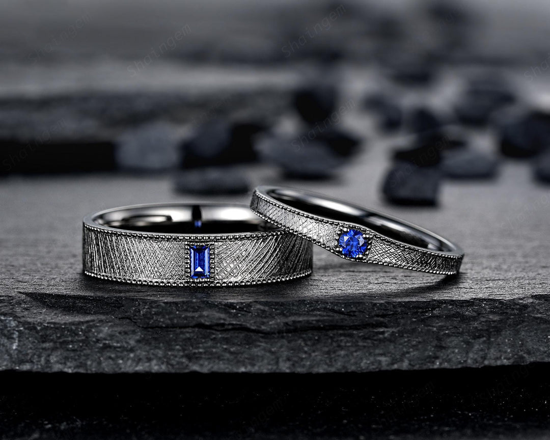Gothic His and Hers Blue Sapphire Couple Engagement Ring Set, Brushed Satin Milgrain Black Gold Matching Band Black Rhodium Wedding Ring - ShainJewelry