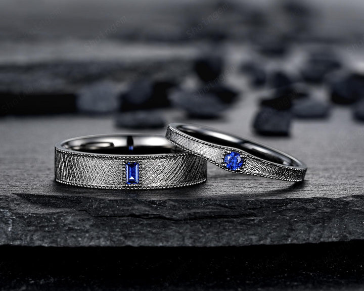 Gothic His and Hers Blue Sapphire Couple Engagement Ring Set, Brushed Satin Milgrain Black Gold Matching Band Black Rhodium Wedding Ring - ShainJewelry