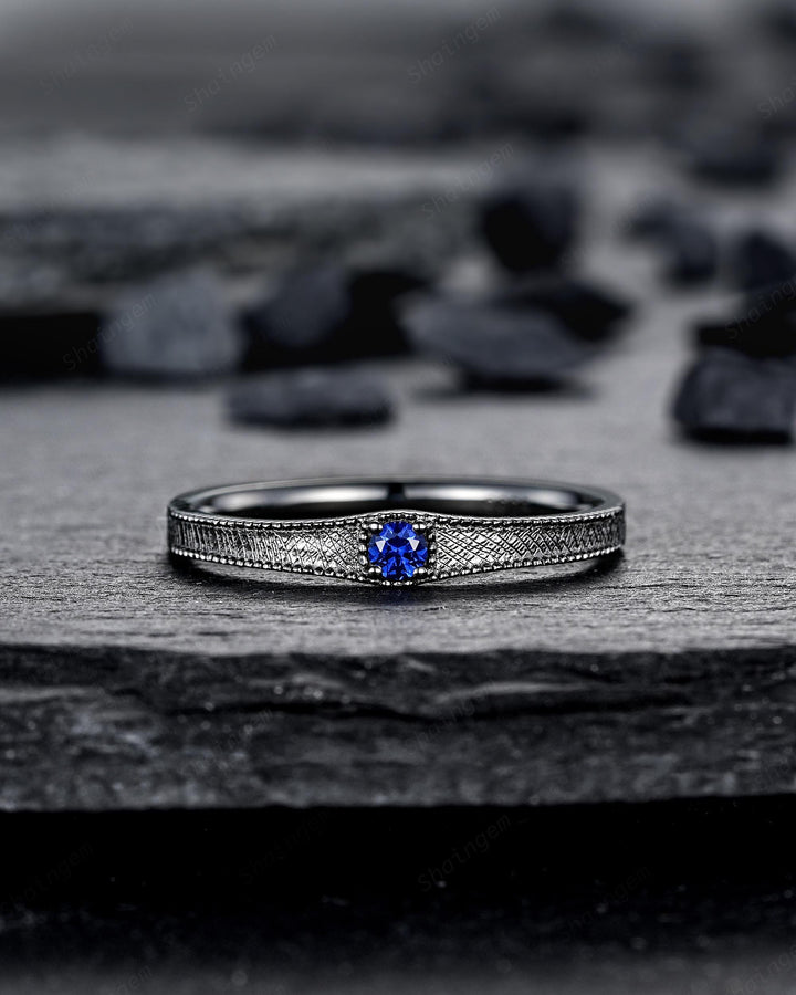 Gothic His and Hers Blue Sapphire Couple Engagement Ring Set, Brushed Satin Milgrain Black Gold Matching Band Black Rhodium Wedding Ring - ShainJewelry