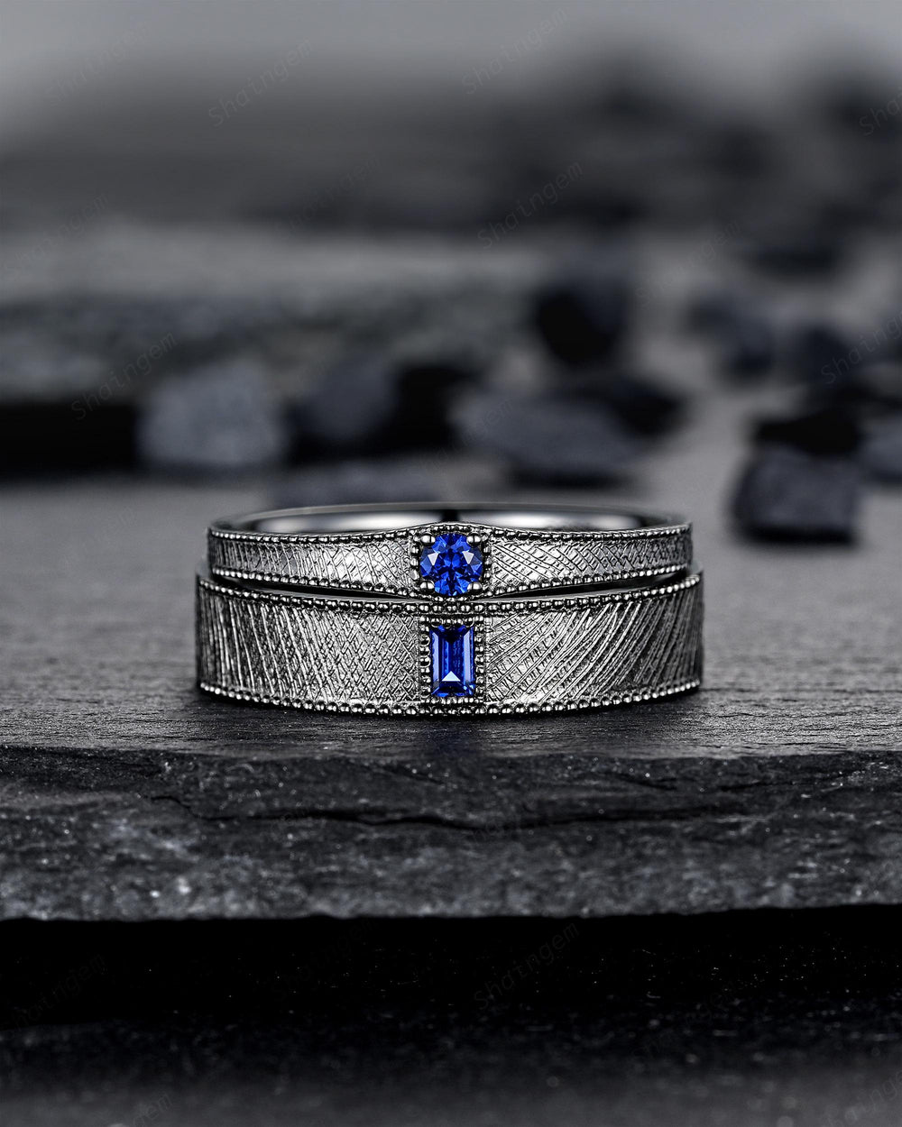 Gothic His and Hers Blue Sapphire Couple Engagement Ring Set, Brushed Satin Milgrain Black Gold Matching Band Black Rhodium Wedding Ring - ShainJewelry