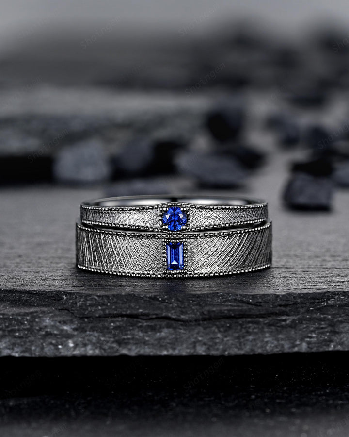 Gothic His and Hers Blue Sapphire Couple Engagement Ring Set, Brushed Satin Milgrain Black Gold Matching Band Black Rhodium Wedding Ring - ShainJewelry